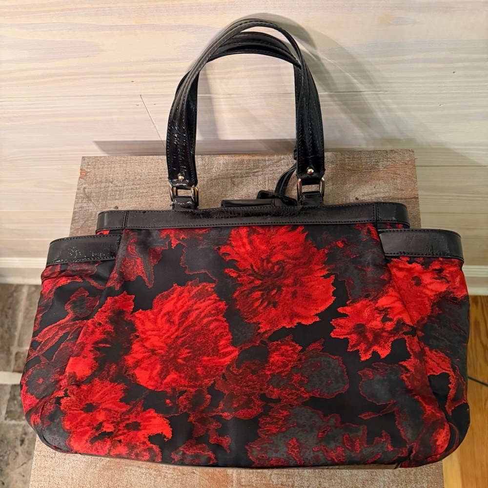 Talbots Black Red Floral Fabric Shoulder Tote Black Faux Patent Leather Trim - Picture 3 of 13